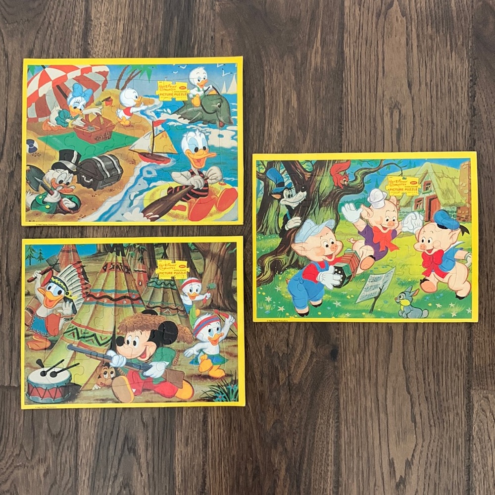 Jaymar Disney Puzzles Mickey Camp,Donald Duck,3 Pigs Frame Inlaid Tray Puzzles